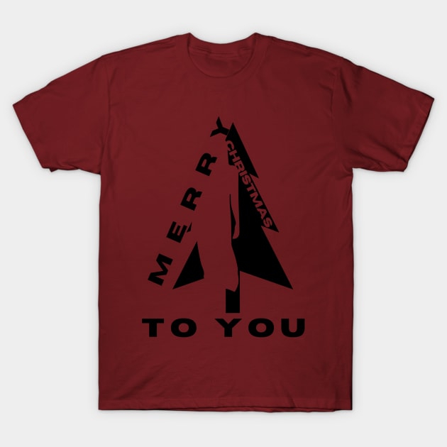 Merry Christmas, a black Christmas tree and a silhouette of a woman in a minimalist black and white composition T-Shirt by PopArtyParty